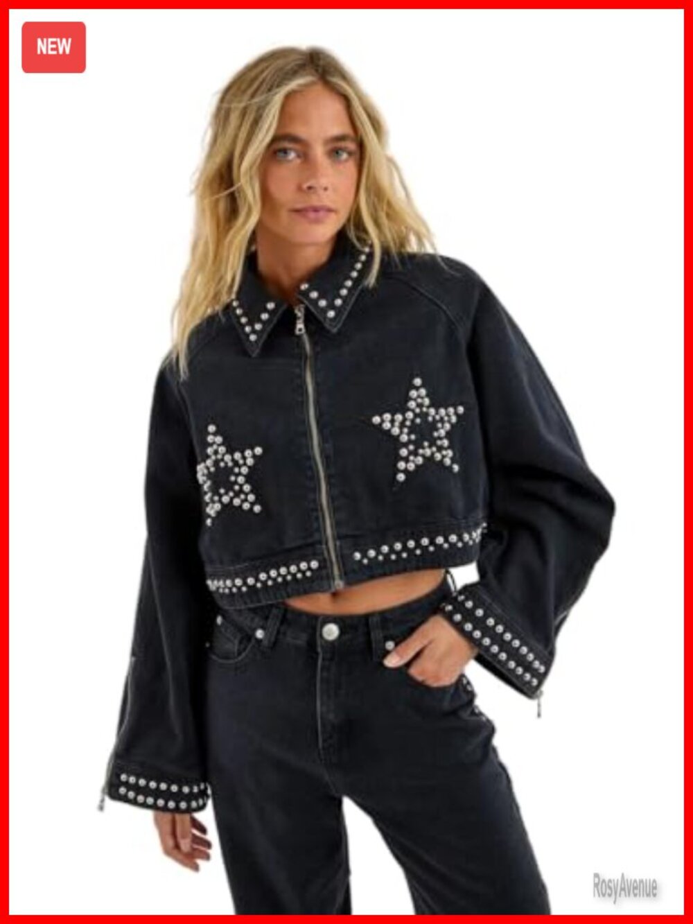 Aviator Button Down Denim Jacket with Star Studs